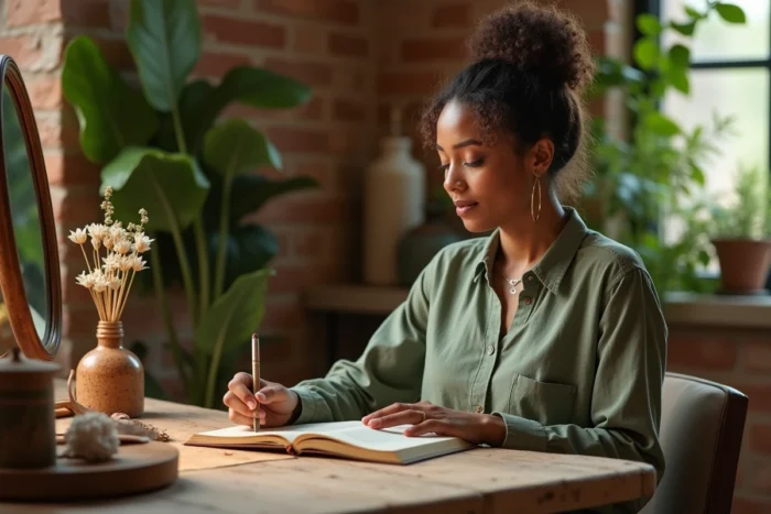 Femme mature assise devant une coiffeuse en bois avec des produits de beauté botaniques et un journal ouvert dans un décor naturel