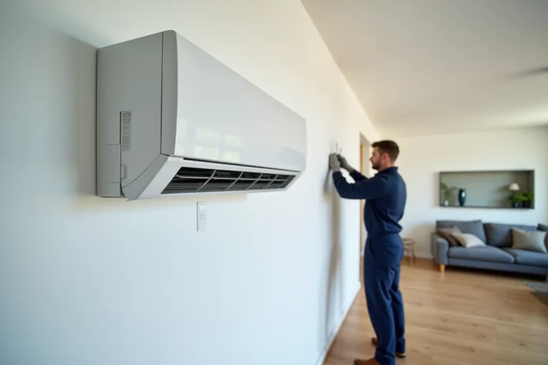 Technicien installant une unité de climatisation murale dans un grand salon de 100m2 avec parquet en chêne clair