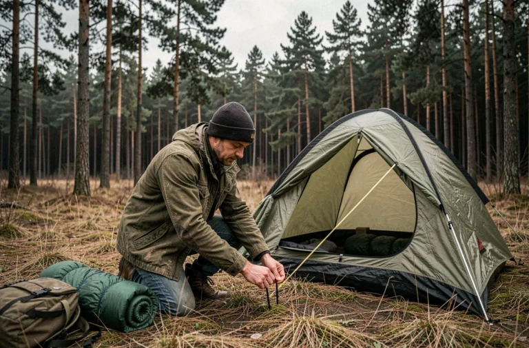 Homme installant une tente en forêt pour dormir dehors une nuit en pleine nature