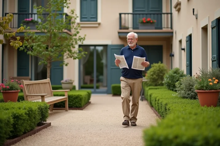 Résident se promenant dans le jardin intérieur aménagé de la résidence Les Diagonales à Bergerac