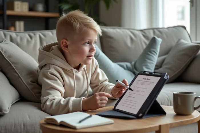 Jeune adulte apprenant via une application e-learning sur tablette dans un salon scandinave cosy