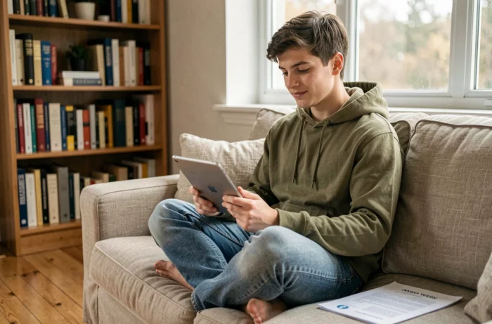 Jeune adulte consultant des offres d'emploi sur une tablette depuis son salon confortable