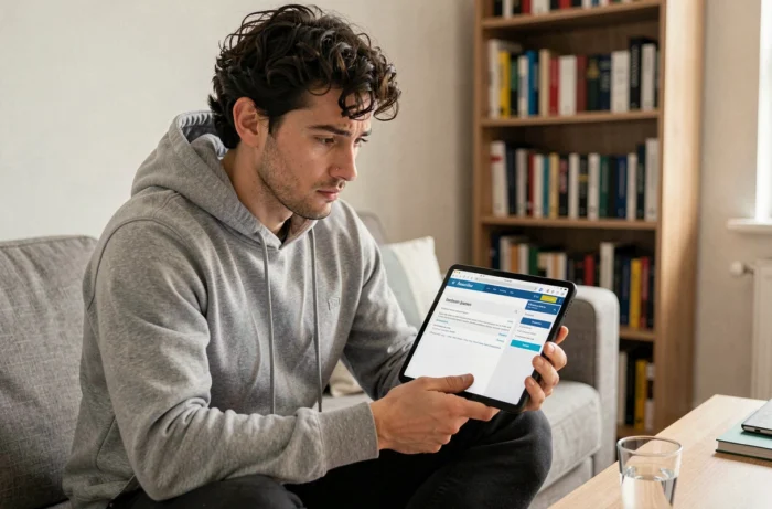 Jeune homme consultant un guide de dépannage pour résoudre un problème d'accès au webmail académique sur tablette