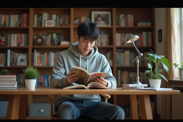 Jeune homme lisant un manga One Punch Man dans un bureau cosy entouré de livres et figurines