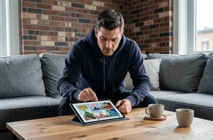 Homme lisant des bandes dessinées numériques sur tablette dans un salon moderne avec une tasse de café