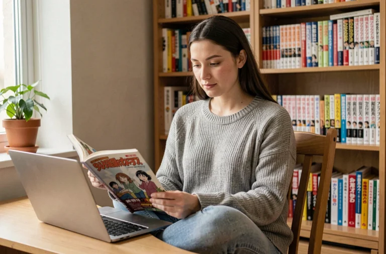 Jeune femme lisant des mangas en toute sécurité sur son ordinateur portable dans un bureau à domicile confortable