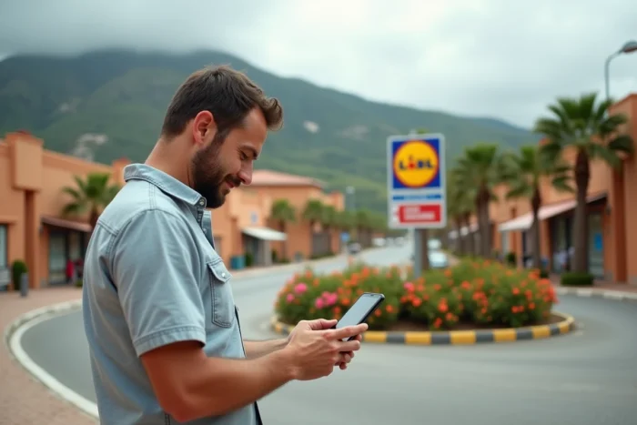 Homme consultant une carte interactive sur son téléphone pour localiser un magasin Lidl en Corse