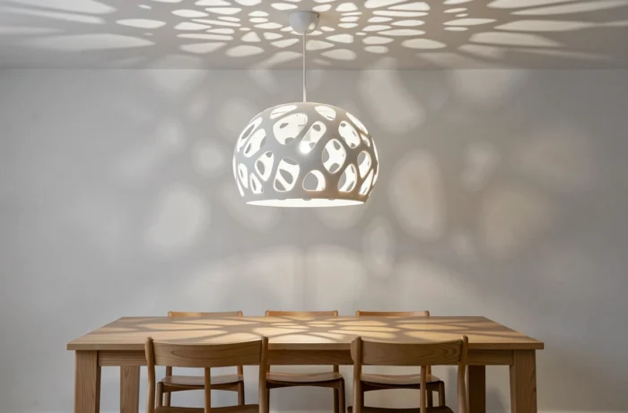 Luminaire suspension en impression 3D avec diffuseur sur mesure en modules organiques entrelacés, projetant des ombres géométriques au-dessus d'une table à manger en bois.
