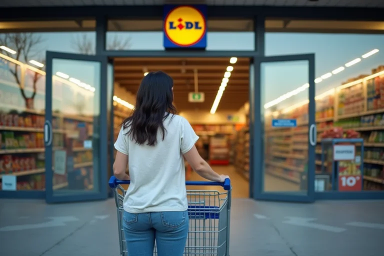 Femme faisant ses courses à l'entrée d'un magasin Lidl en Corse avec enseigne jaune et bleue visible
