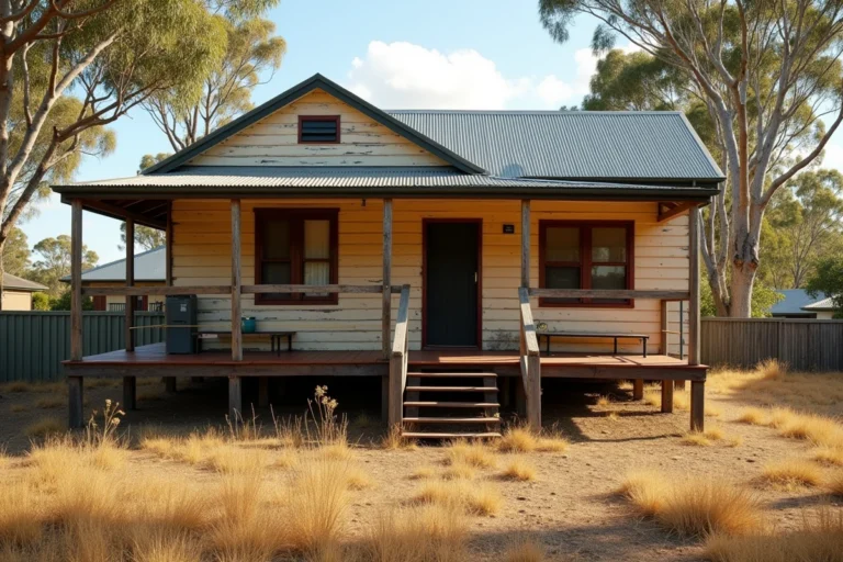 Maison australienne traditionnelle en bois surélevée sur pilotis dans un quartier résidentiel du Queensland entourée d'eucalyptus