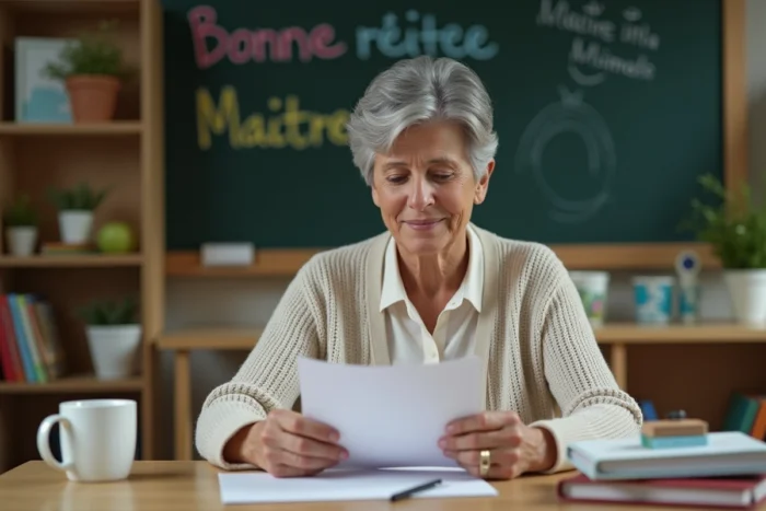 Maîtresse lisant une lettre d'adieu émouvante à son bureau lors de son départ à la retraite