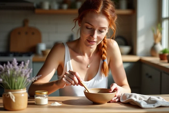 Jeune femme préparant un masque visage maison avec des ingrédients naturels comme le miel et la lavande dans une cuisine lumineuse