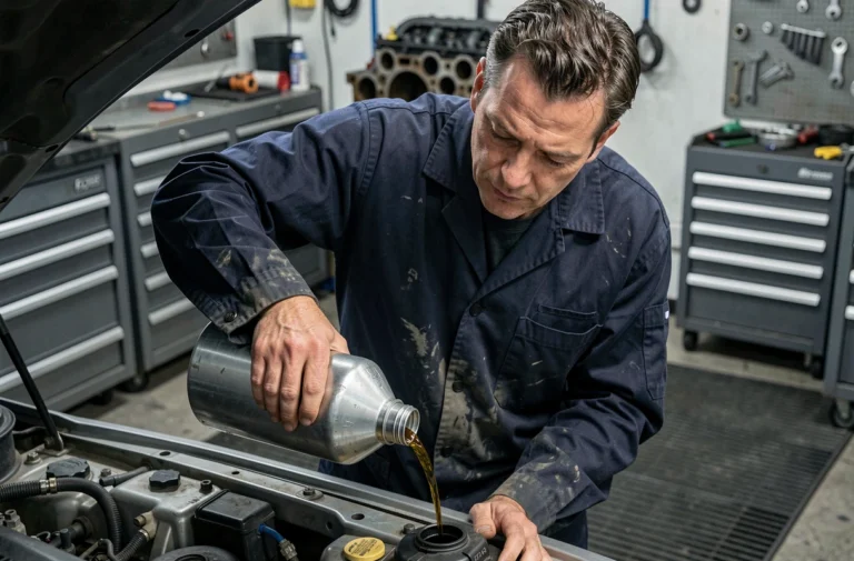 Mécanicien versant de l'huile moteur dans un moteur de voiture dans un garage professionnel