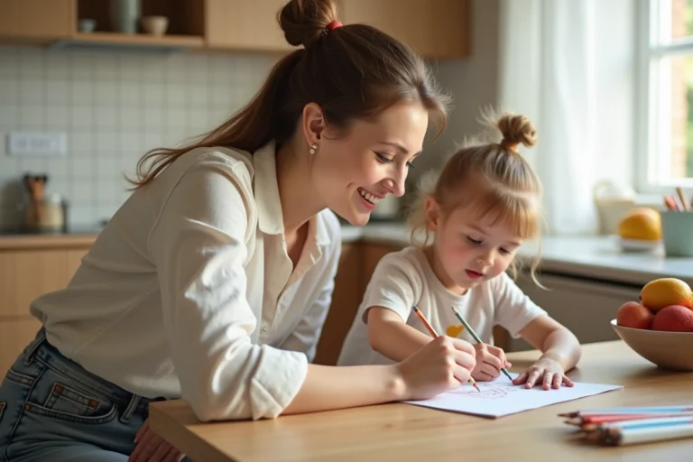 Mère aidant sa fille à dessiner dans une cuisine familiale chaleureuse, illustrant les conseils du quotidien pour les parents