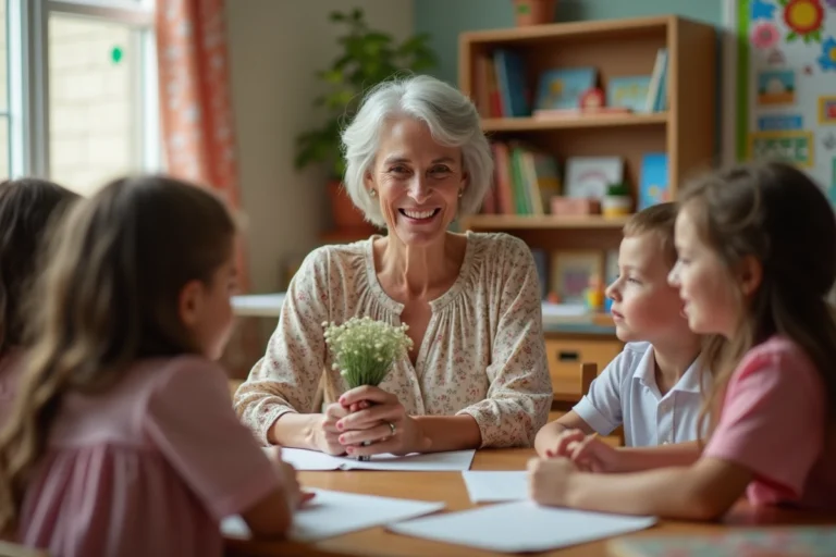 Élèves de primaire offrant une carte et des fleurs à leur maîtresse à la retraite dans une salle de classe décorée