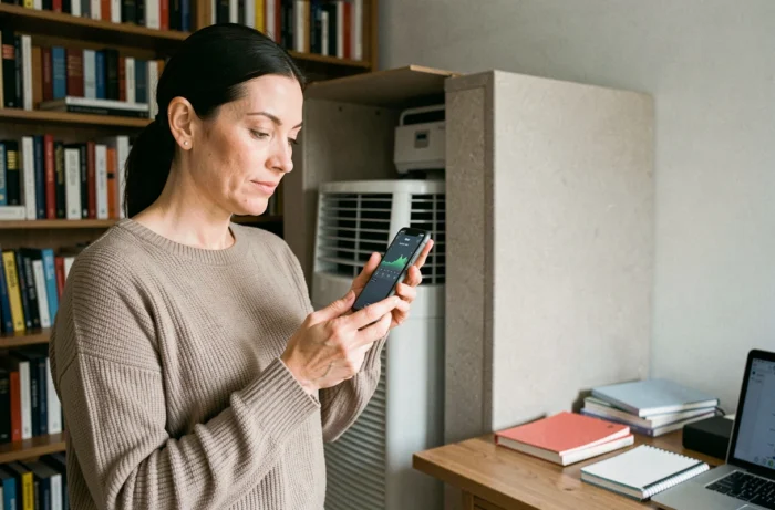 Femme mesurant le niveau sonore d'une climatisation avec une application décibel dans un bureau à domicile équipé d'un caisson acoustique