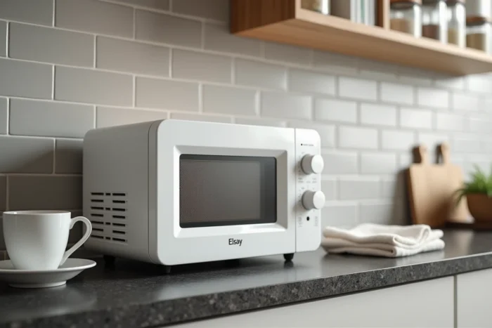 Micro-ondes Elsay posé sur un comptoir de cuisine avec accessoires du quotidien