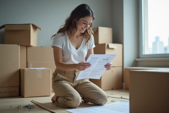 Jeune femme assemblant des meubles en kit dans un appartement moderne, entourée de pièces de mobilier en bois naturel