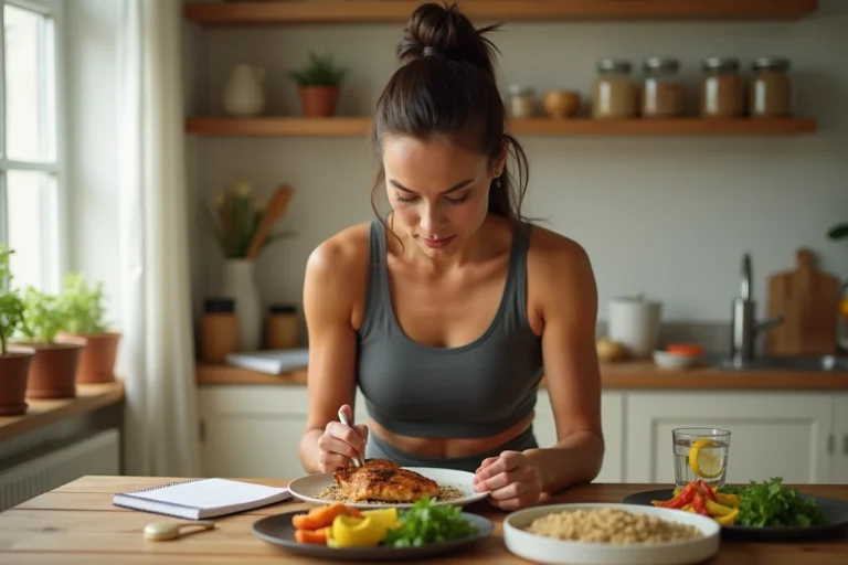 Femme sportive préparant un repas équilibré riche en protéines et glucides pour optimiser ses performances sportives