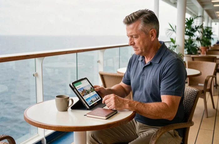 Homme planifiant ses excursions à terre sur une tablette depuis le pont d'un paquebot de croisière