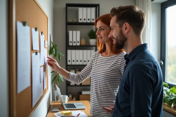 Deux parents consultant un planning familial dans un bureau à domicile, illustrant l'organisation et les astuces pour la vie de famille