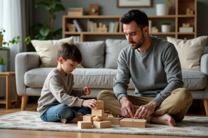 Père jouant avec son fils sur le tapis du salon, moment complice illustrant l'accompagnement parental au quotidien