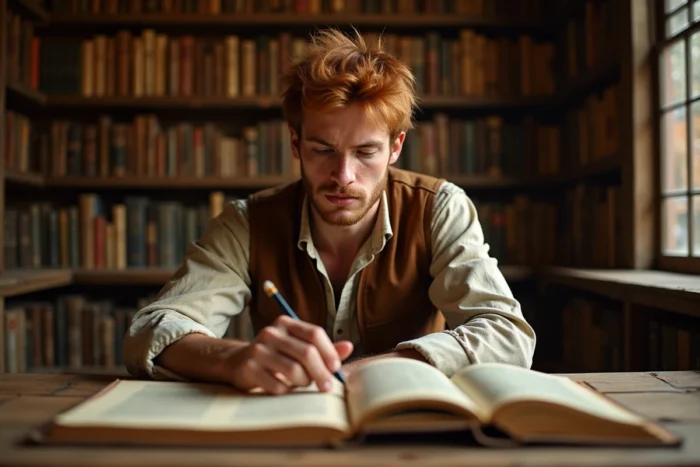 Jeune homme aux cheveux roux parcourant des livres illustrés dans une bibliothèque en bois chaleureuse, ambiance inspirée des personnages roux attachants de Disney