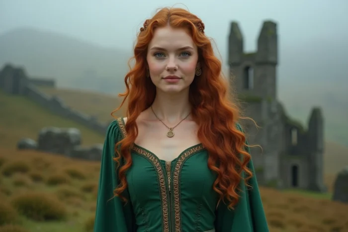 Jeune femme aux cheveux roux bouclés en robe médiévale verte dans un paysage écossais brumeux, évoquant les personnages Disney roux emblématiques