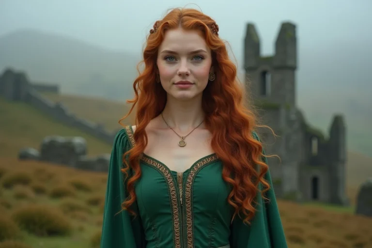 Jeune femme aux cheveux roux bouclés en robe médiévale verte dans un paysage écossais brumeux, évoquant les personnages Disney roux emblématiques