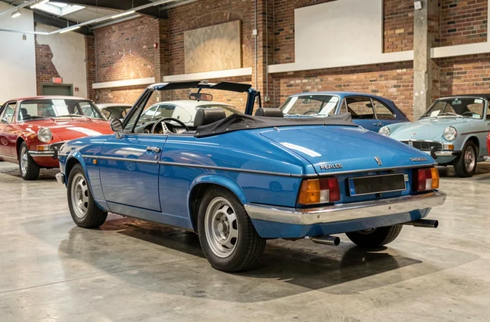 Peugeot 305 cabriolet bleue restaurée exposée dans un musée automobile avec sol en béton poli et murs en briques apparentes