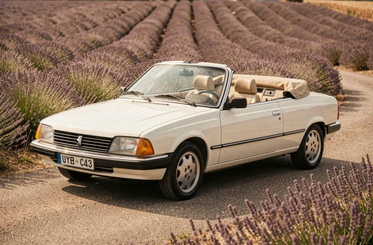 Peugeot 305 cabriolet blanc perle sur une route de campagne provençale bordée de lavande, toit ouvert, vue grand angle en contre-plongée