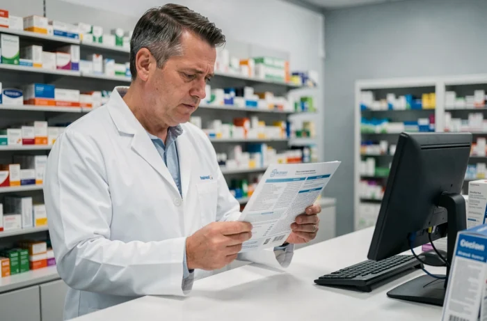 Pharmacien analysant la notice d'un complément nootropique, conseillant sur les risques et contre-indications pour la santé