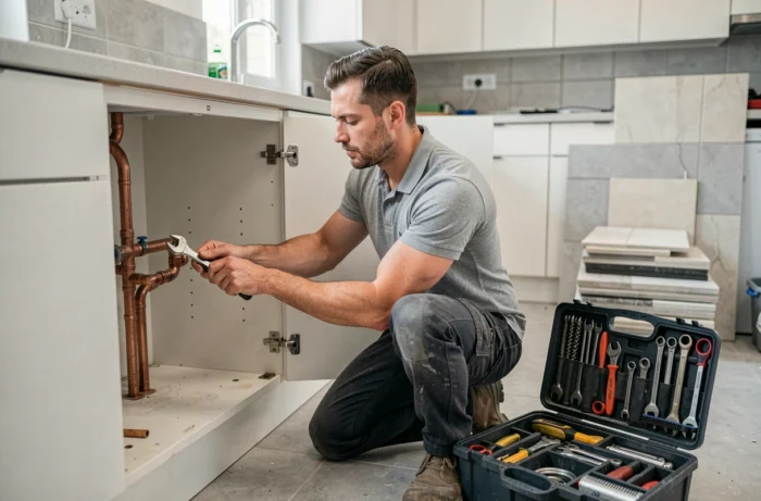 Plombier professionnel travaillant sur des tuyaux en cuivre sous un évier de cuisine en cours de rénovation