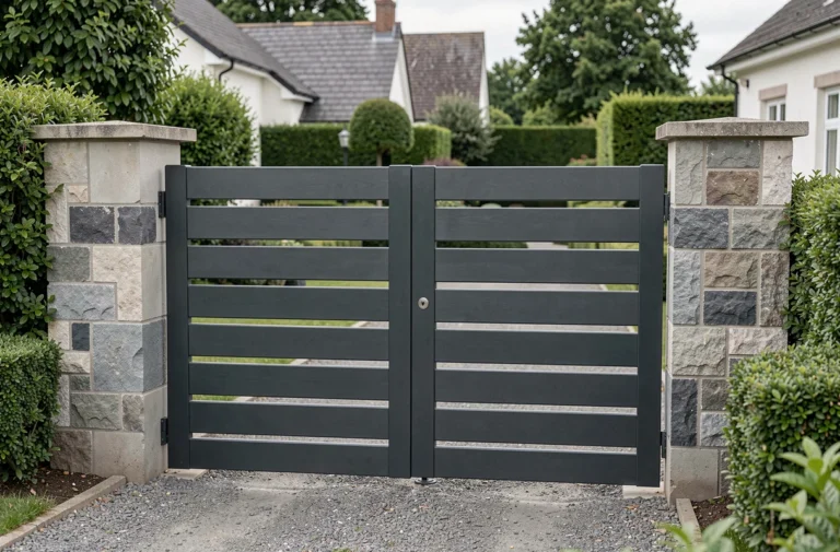 Portail aluminium double vantaux anthracite installé à l'entrée d'une maison individuelle avec allée en gravier et haies taillées