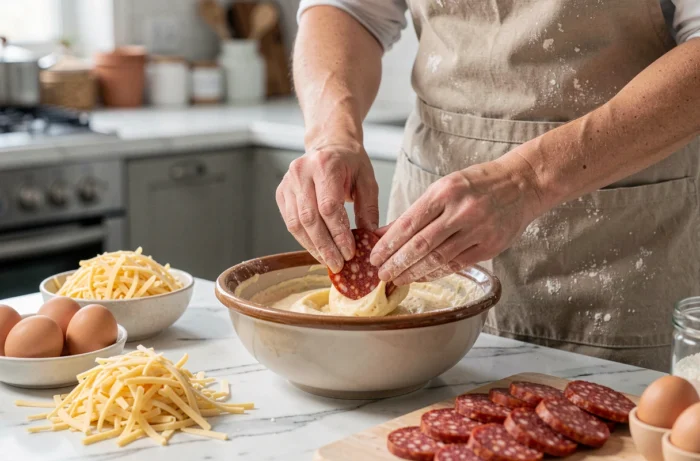 Mains féminines incorporant des rondelles de chorizo dans une pâte à cake dans un bol en céramique sur un plan de travail en marbre blanc