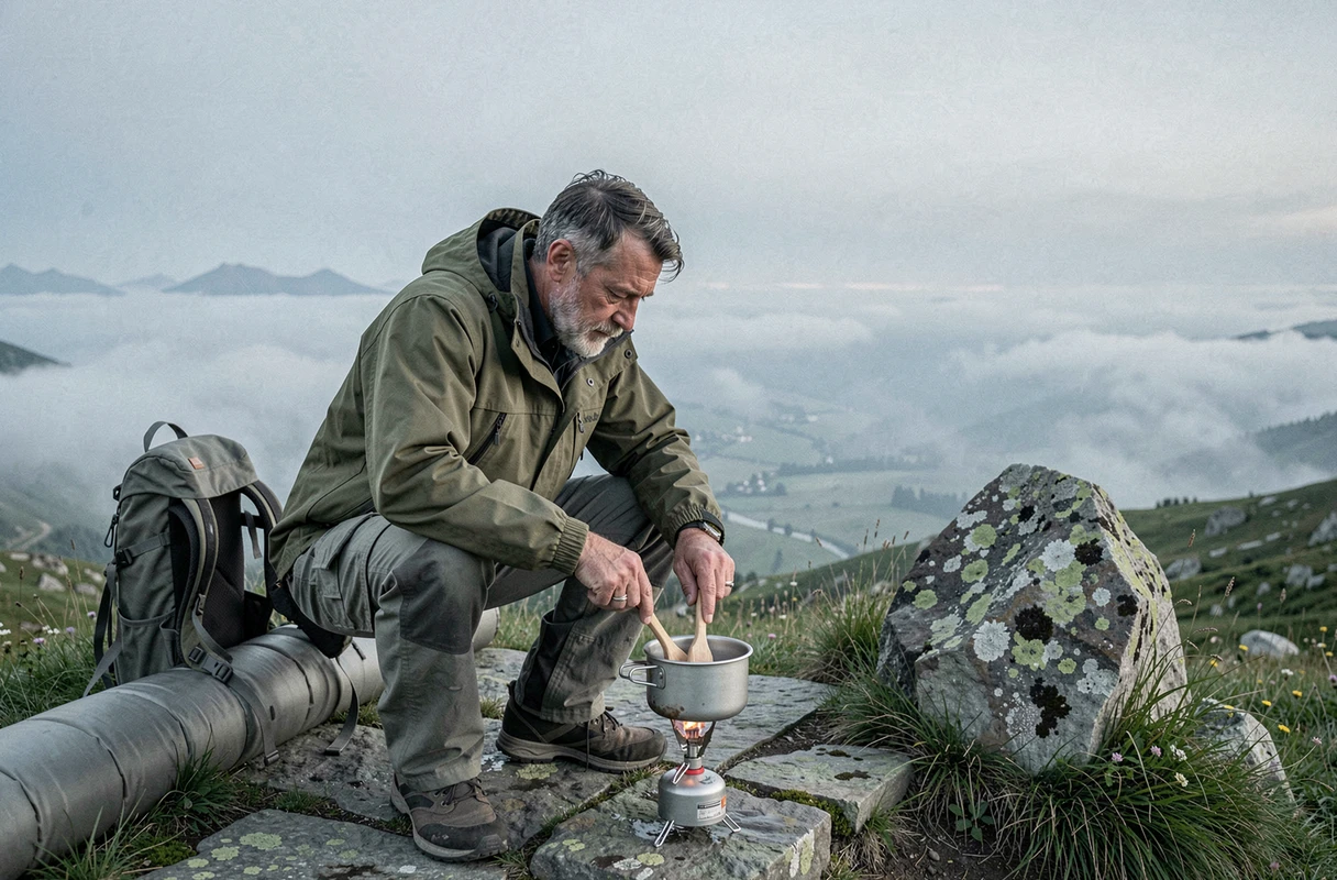 Randonneur préparant un repas chaud au lever du jour après avoir dormi en plein air en montagne