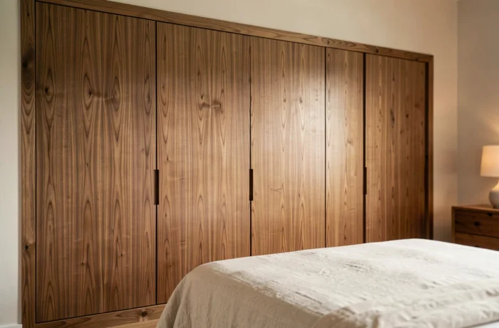 Rangement encastré sol-plafond avec façade en placage bois de noyer de fil, portes push-to-open sans poignée intégrées dans la paroi d'une chambre minimaliste.