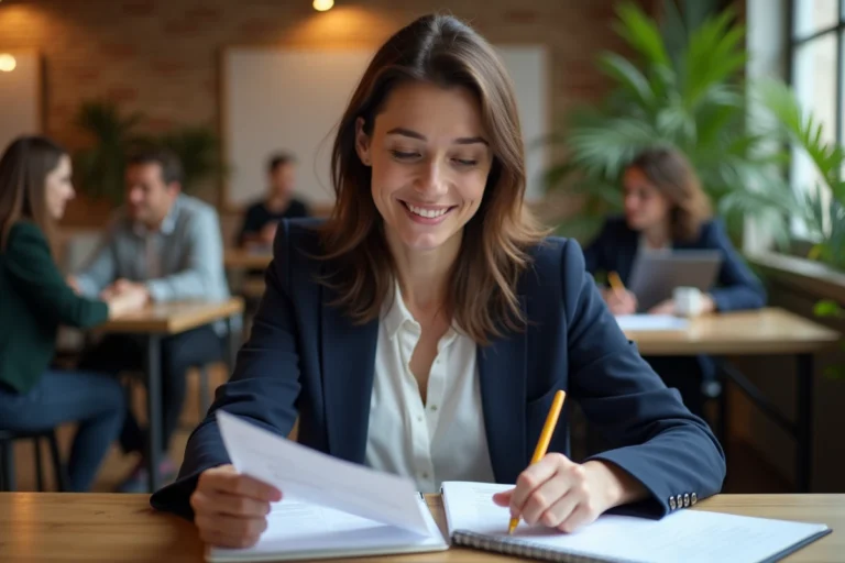 Femme en reconversion professionnelle prenant des notes dans un espace de coworking parisien