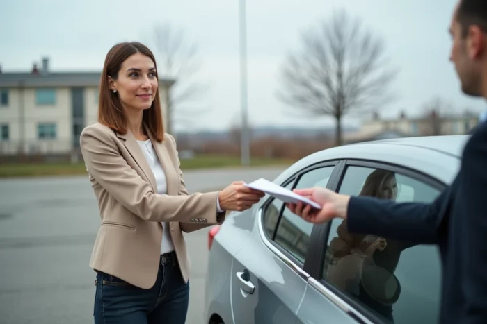 Femme remettant un certificat de non gage lors de la vente d'une voiture dans un parking