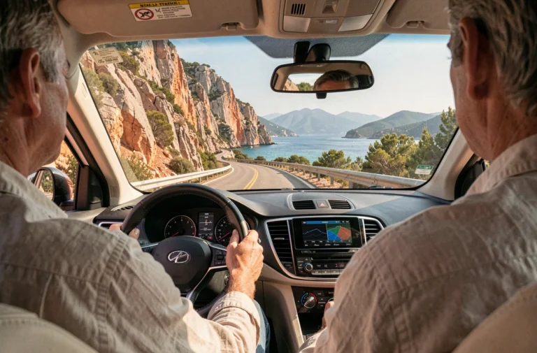 Conducteur sur une route côtière sinueuse entre Ajaccio et Propriano en Corse, vue depuis l'intérieur du véhicule
