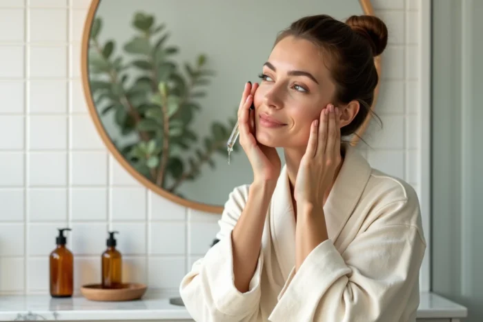 Femme appliquant un sérum naturel sur son visage dans une salle de bain minimaliste avec des produits de beauté en verre ambré