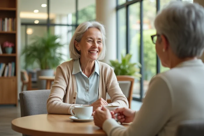 Résidente souriante savourant un café dans le salon commun de la résidence Les Diagonales à Bergerac