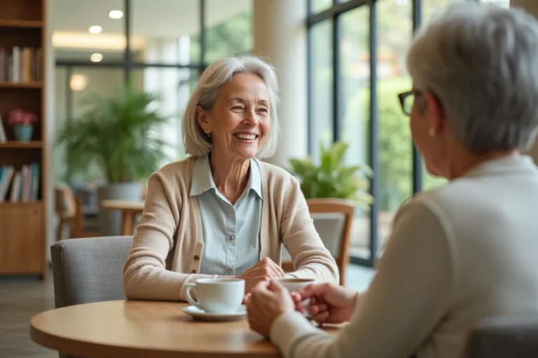 Résidente souriante savourant un café dans le salon commun de la résidence Les Diagonales à Bergerac