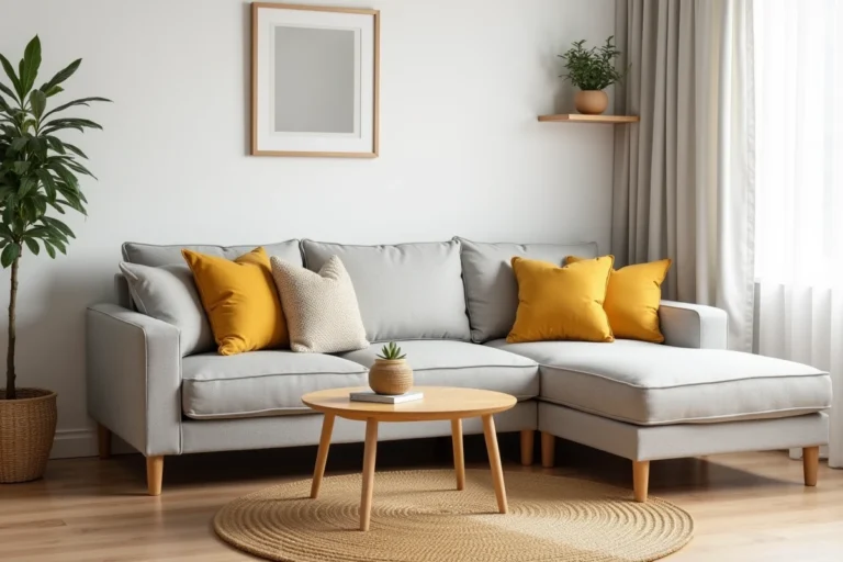 Salon cosy aménagé avec des meubles abordables style scandinave, canapé gris avec coussins moutarde et table basse en bois clair