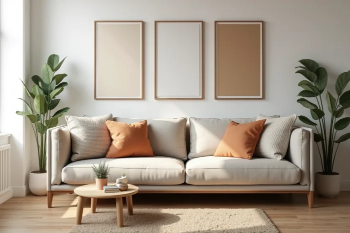 Salon moderne décoré avec style dans un appartement scandinave, canapé en lin beige et table basse en bois avec plantes et livres d'art