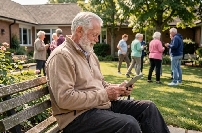 Senior utilisant une tablette numérique dans un centre communautaire pour accéder aux services dédiés aux personnes âgées