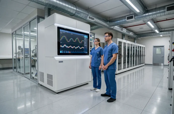 Deux scientifiques devant une machine de séquençage génomique dans un laboratoire de biotechnologie avancée