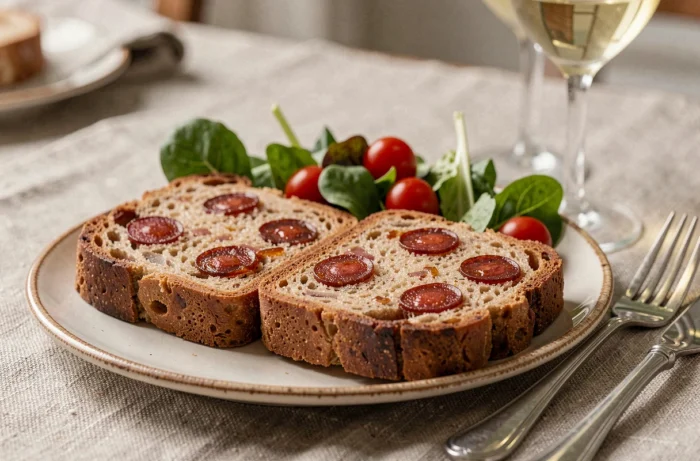 Deux tranches de cake au chorizo servies sur une assiette en céramique avec une salade verte et des tomates cerises pour un déjeuner convivial