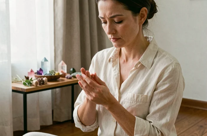 Femme contemplative se grattant la main gauche dans un espace de méditation spirituelle, symbolisant un message caché