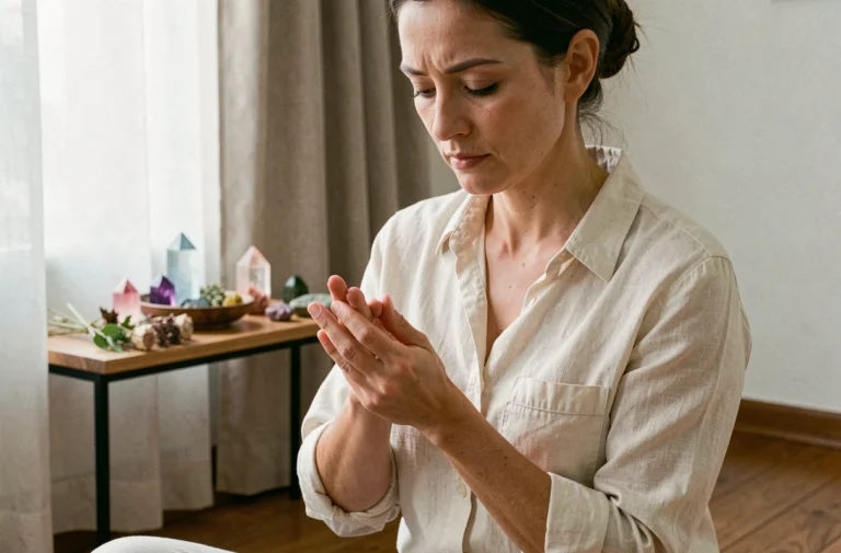 Femme contemplative se grattant la main gauche dans un espace de méditation spirituelle, symbolisant un message caché